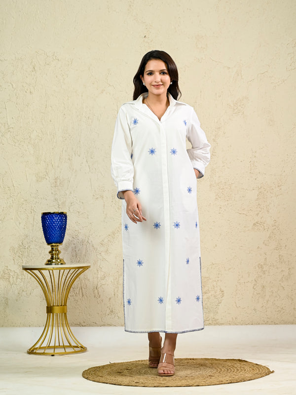 WHITE LONG EMBROIDERY SHIRT DRESS