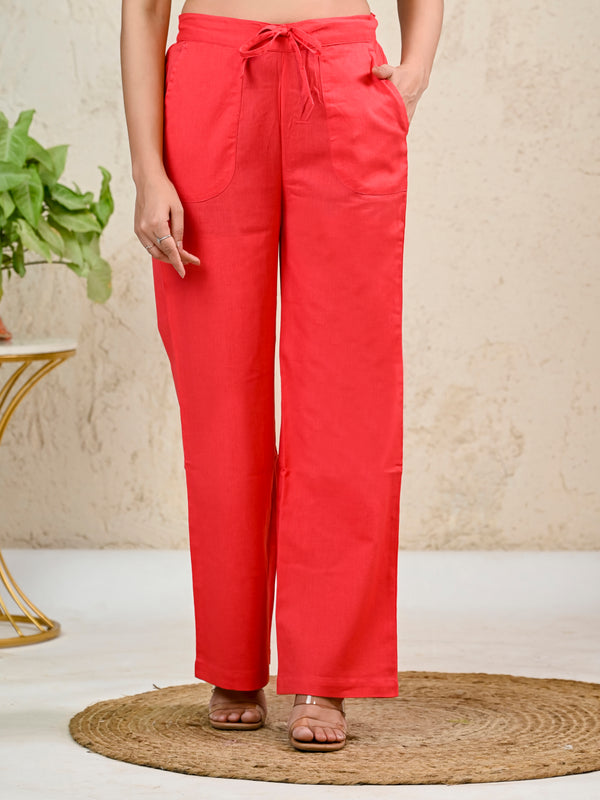 Coral Red Cotton Flax Straight Pants with Drawstring