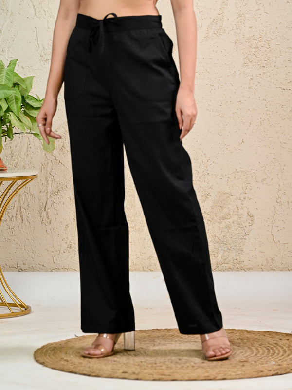 Black  Cotton Flax Straight Pants with Drawstring