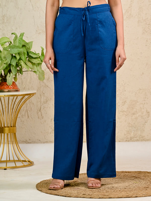 Royal Blue Cotton Flax Straight Pants with Drawstring