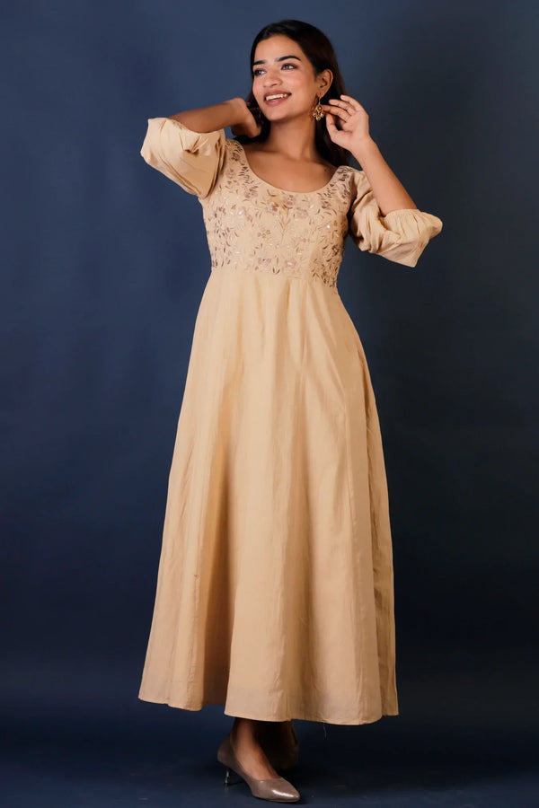 Cotton Embroidered Long Dress - Beige