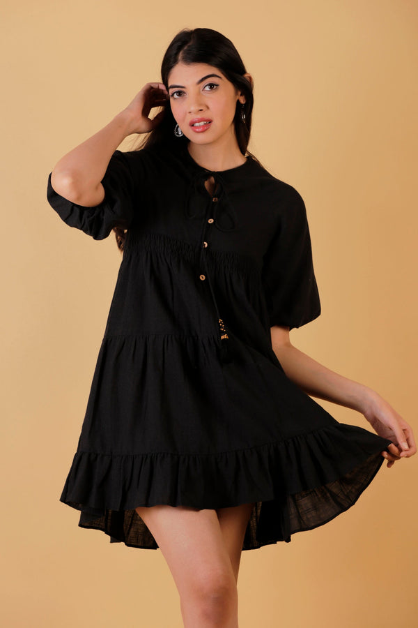 Pure Cotton Knee Length Dress - Black