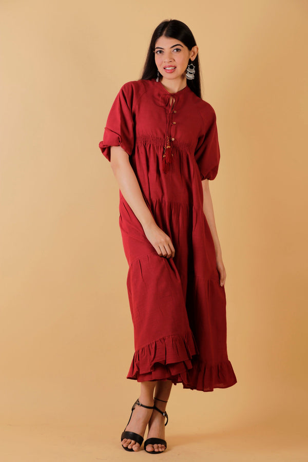 Pure Cotton Long Dress - Maroon