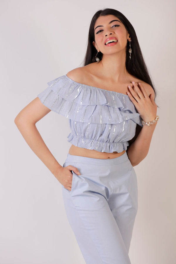 Off Shoulder Lurex Crop Top - Slit Pant Set