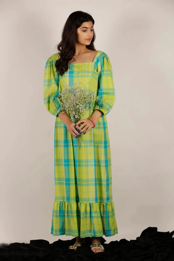 Cotton Plaid Long Dress - Lime Green