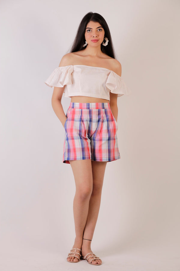 Cotton Pleated Plaid Shorts - Red-Blue