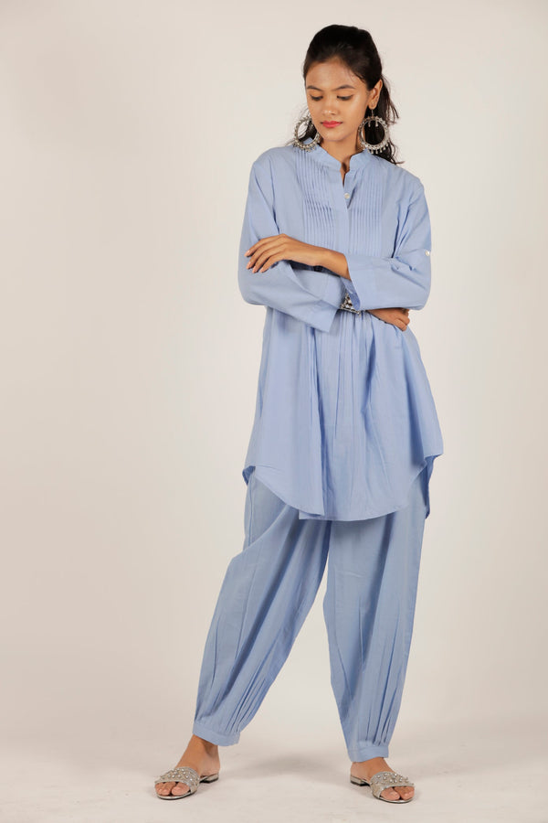 Cotton Pintuck Tunic Co-Ord - Light Blue