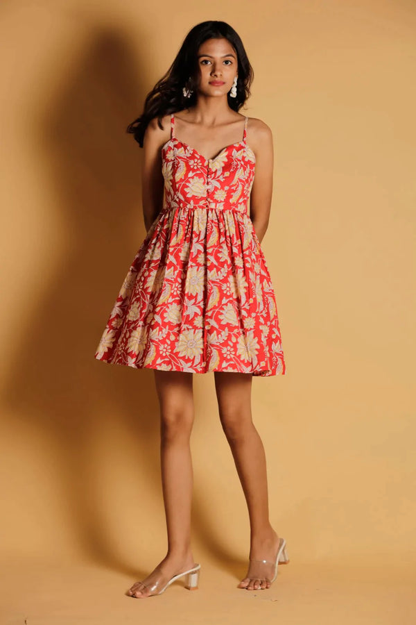 Printed Short Dress - Red Printed