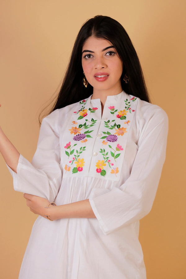 Cotton Multi Colour Embroidery Kurta-White