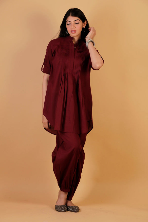 Cotton Pintuck Tunic Co-Ord - Maroon