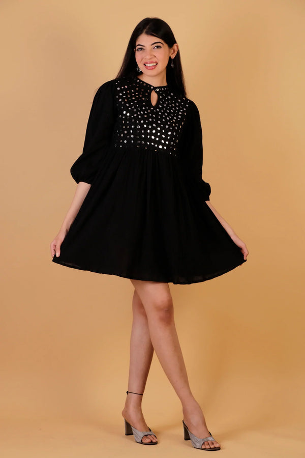 Cotton Crepe Mirror Work Dress - Black