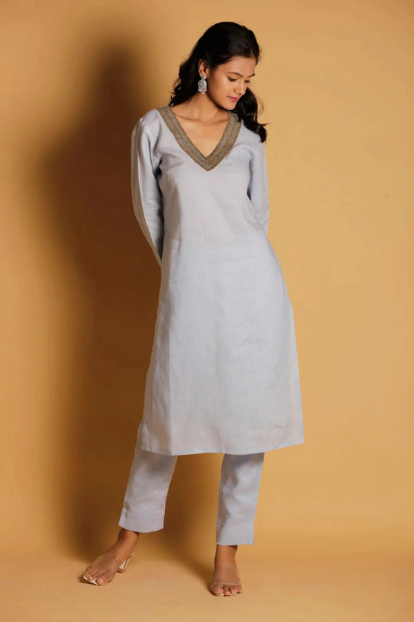 Pure Linen Classic Hand Embroidered Kurta