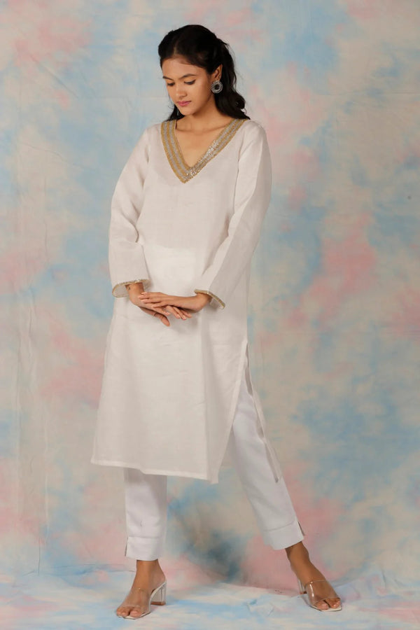 Pure Linen Classic Hand Embroidered Kurta