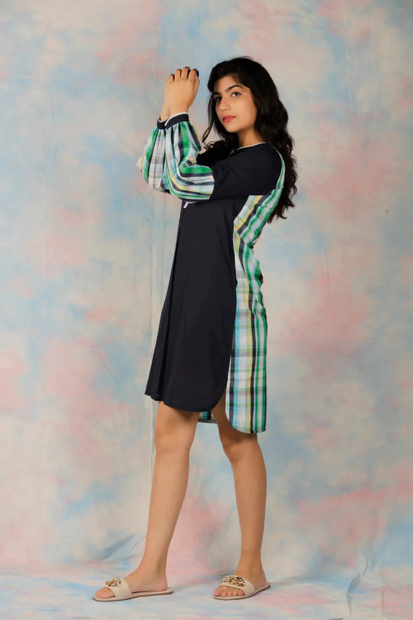 Cotton Plaid Combo Tunic - Blue