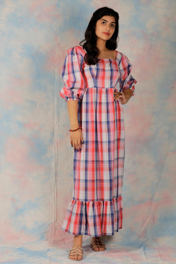 Cotton Plaid Long Dress - Red