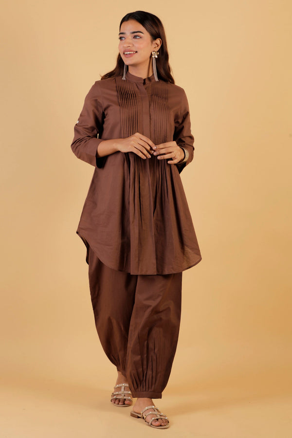 Cotton Pintuck Tunic Co-Ord - Chocolate Brown