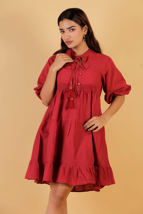 Pure Cotton Knee Length Dress - Maroon