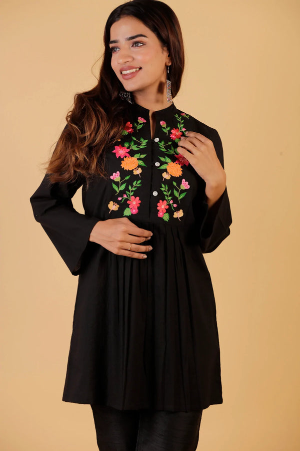 Cotton Multi Colour Embroidery Kurta-Black