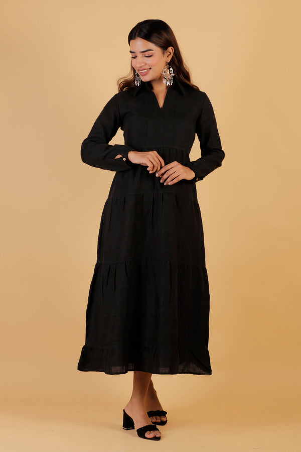 Pure Linen Long Tier Dress - Black