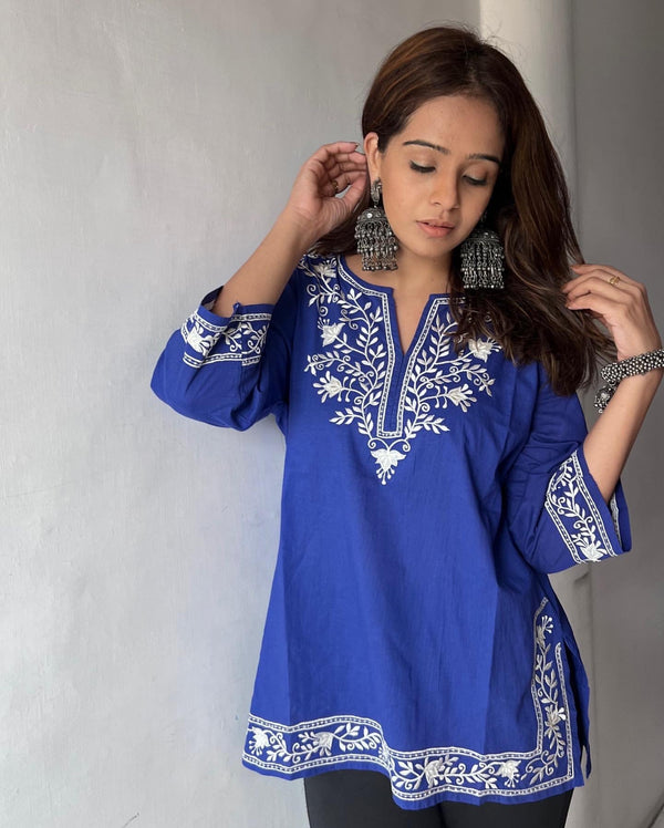 Fenil Umrigar In Mahek Cotton Embroidered Kurta-Royal Blue With Off-white embroidery