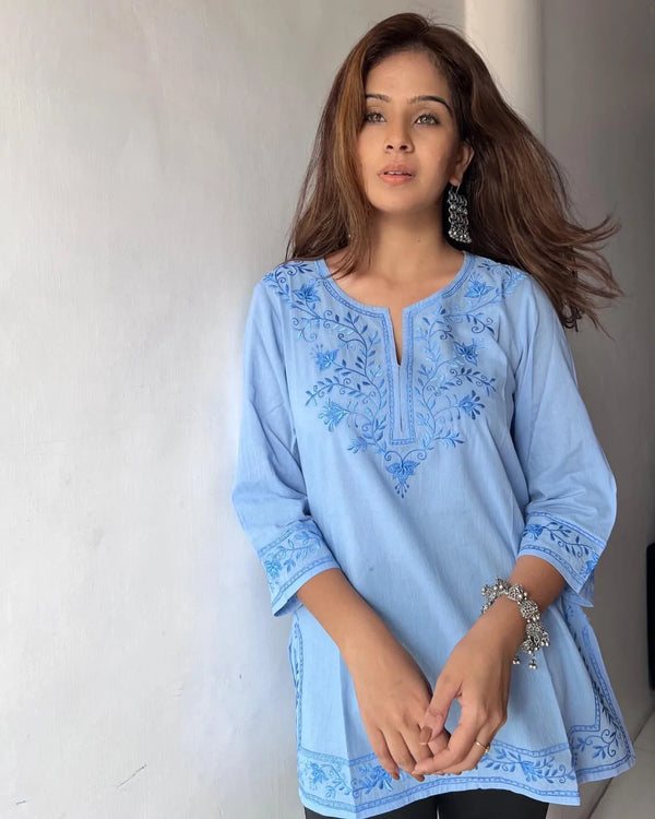 Fenil Umrigar In Mahek Cotton Embroidered Kurta-Light Blue With Light Blue Embroidery