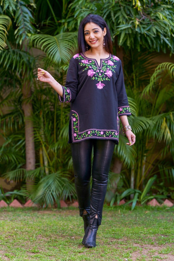 Mahek Cotton Kurta With Multicolour Embroidery-Black