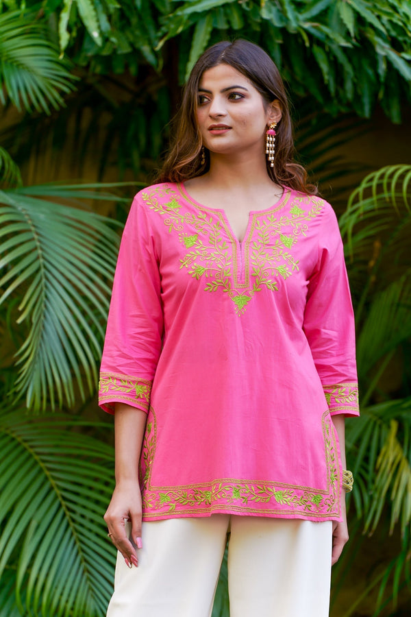 Mahek Cotton Embroidered Kurta-Dark Pink With Green Embroidery