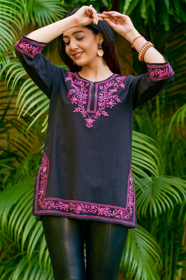 Mahek Cotton Embroidered Kurta-Black With Fuchsia Embroidery