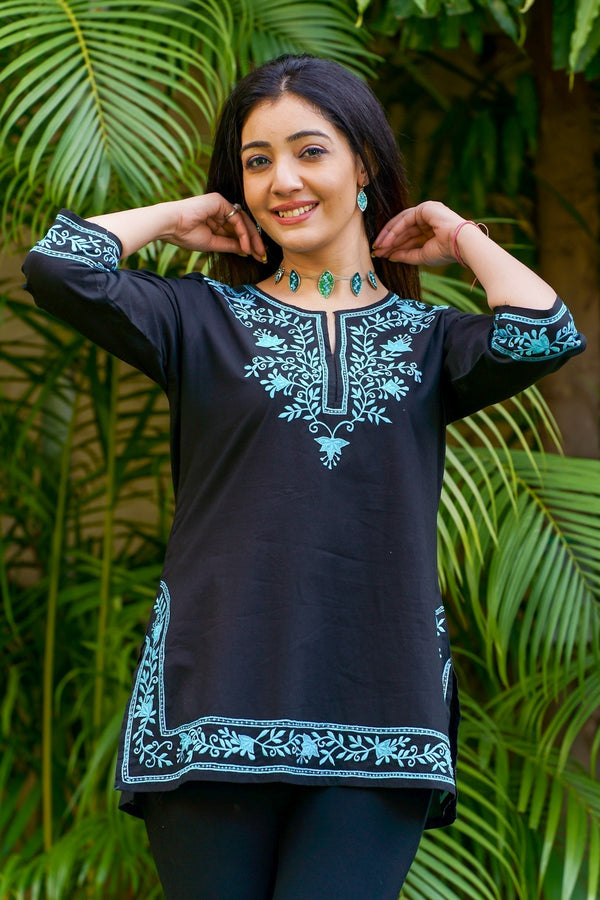 Mahek Cotton Embroidered Kurta-Black With Turquoise Embroidery