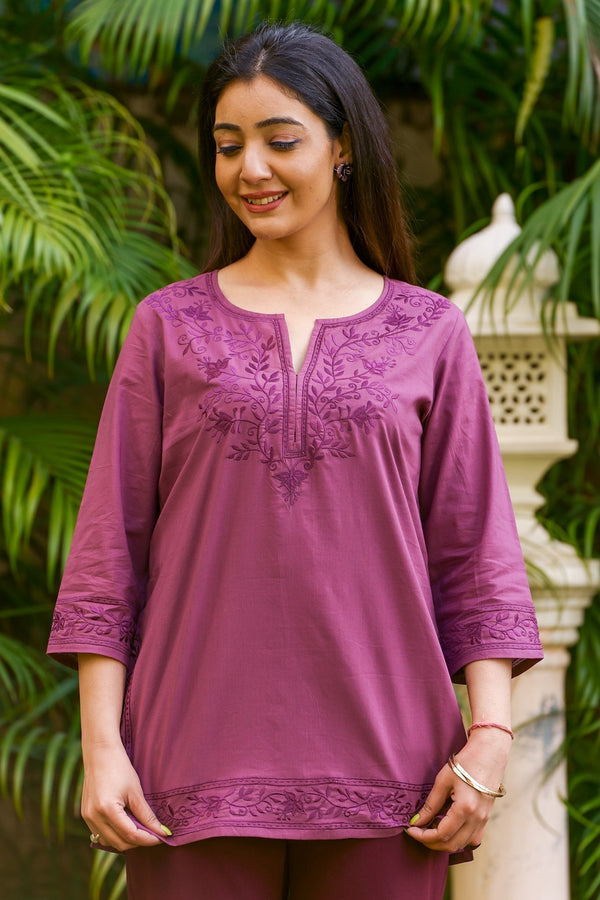 Mahek Cotton Embroidered Kurta-Grape with Grape Embroidery