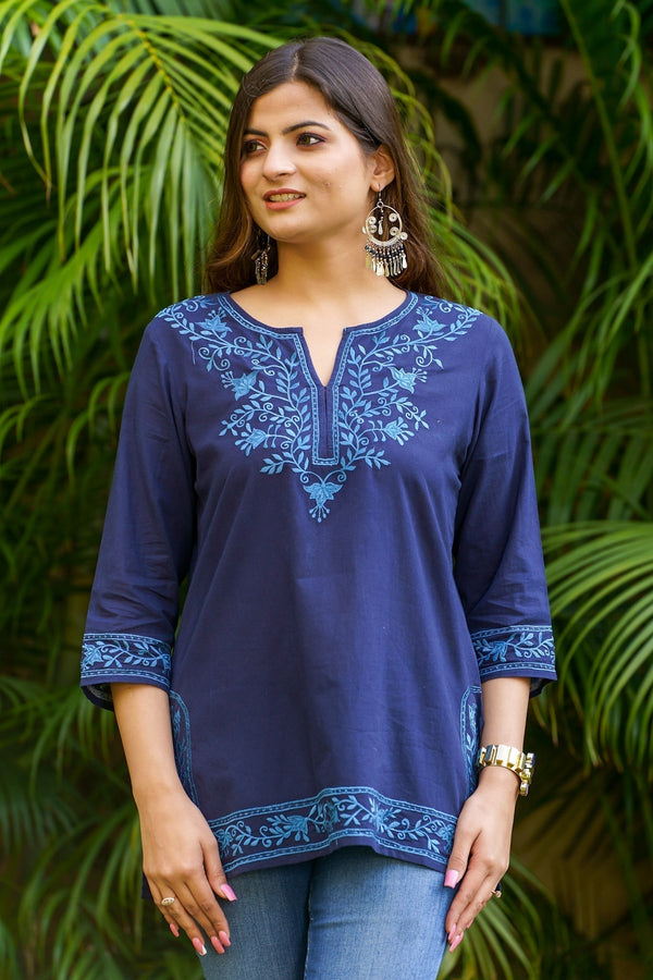 Mahek Cotton Embroidered Kurta-Navy With Blue Embroidery