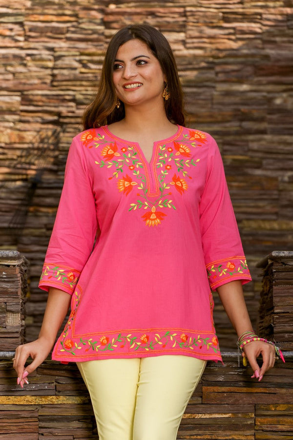 Mahek Cotton Kurta With Multicolour Embroidery-Dark Pink