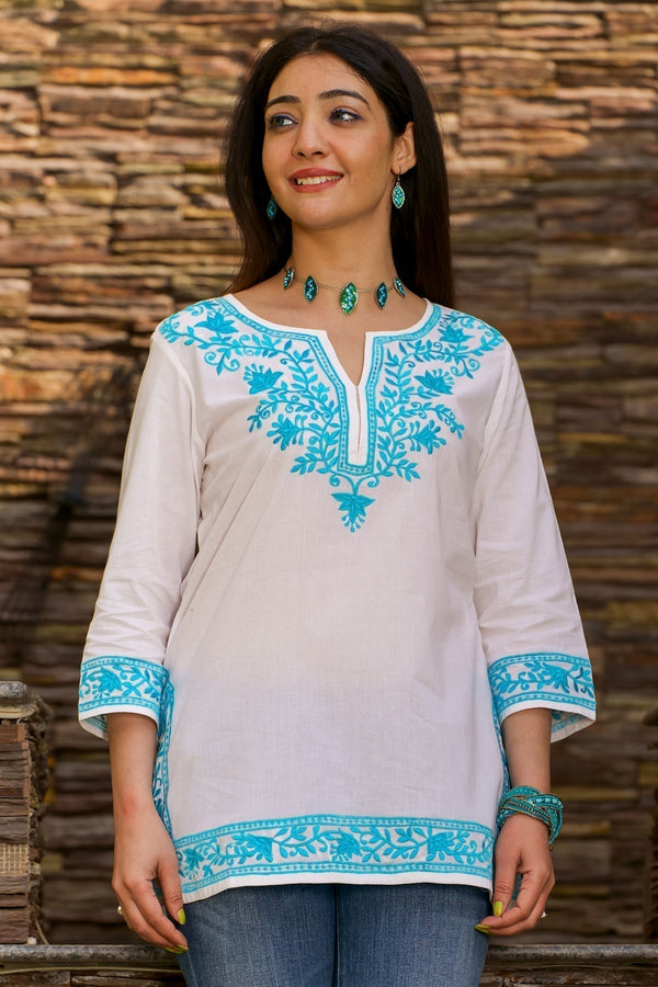 Mahek Cotton Embroidered Kurta-White With Turquoise Embroidery