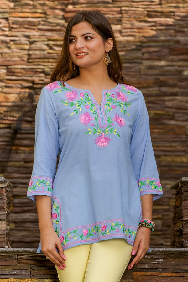 Mahek Cotton Kurta With Multicolour Embroidery-Light Blue