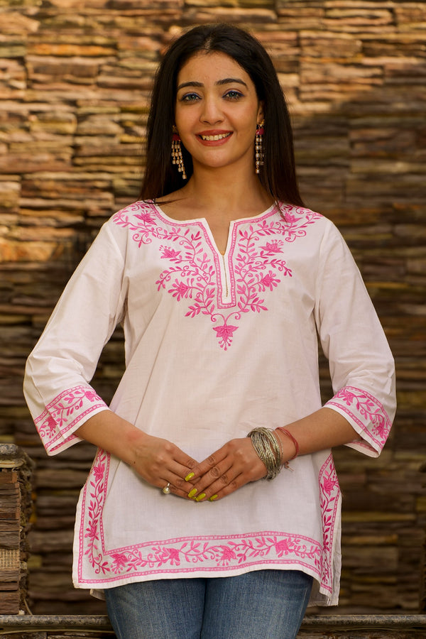 Mahek Cotton Embroidered Kurta-White with Fuchsia Embroidery