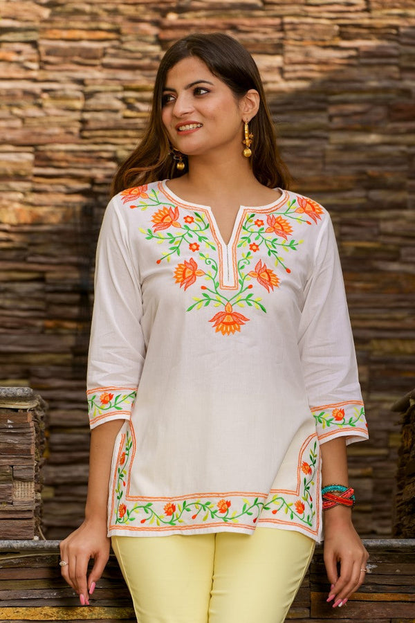 Mahek Cotton Kurta With Multicolour Embroidery-White