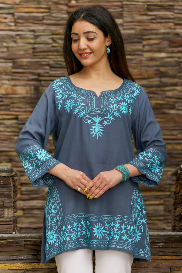 Rayon Grey Aari Embroidery Kurta-Turquoise Embroidery