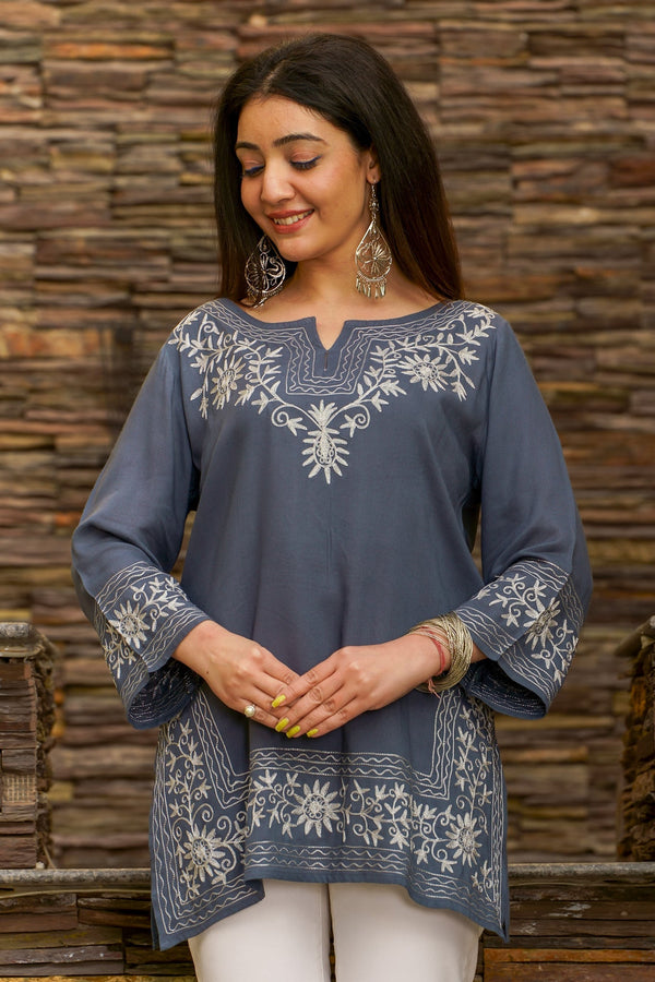 Rayon Grey Aari Embroidery Kurta - White Embroidery