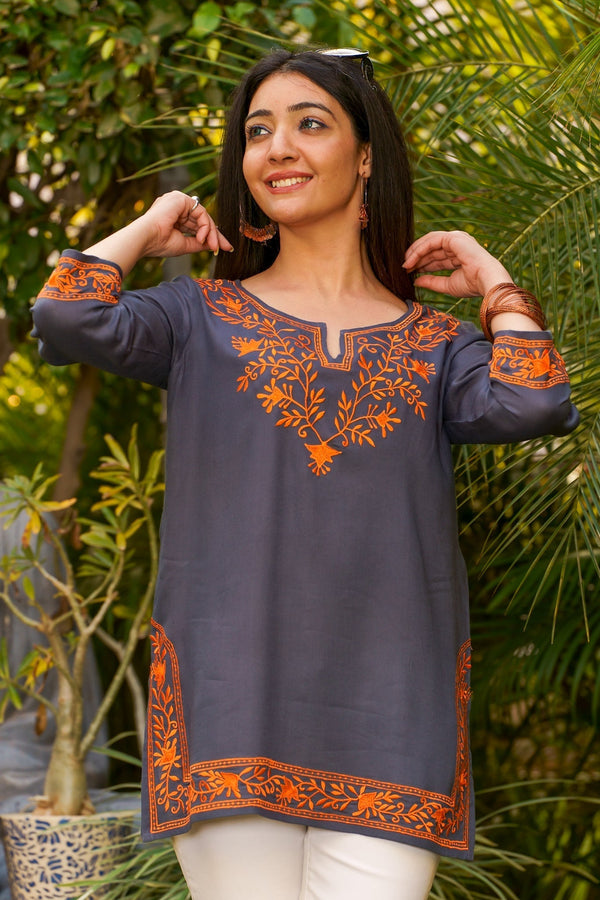 Rayon Grey Chiken Embroidery Kurta - Orange