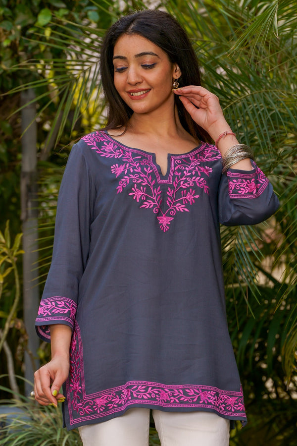 Rayon Grey Chiken Embroidery Kurta - Fuchsia Embroidery