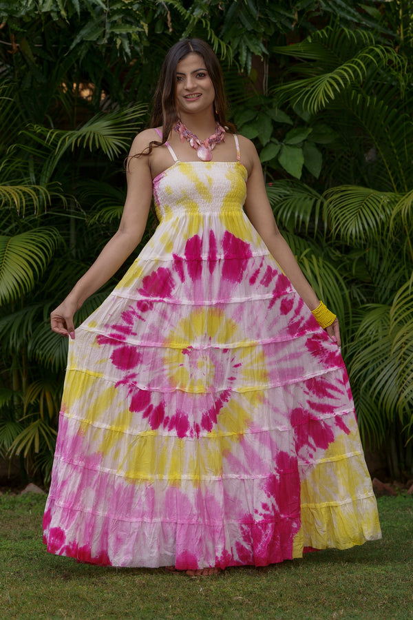 Long Multi Colour Tie & Dye Tiered Dress - Multicolour Pink