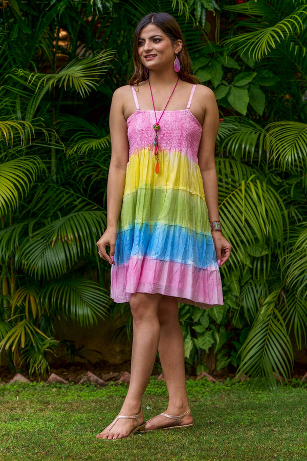 Short Multi Colour Tie & Dye Tiered Dress - Pink Multi color