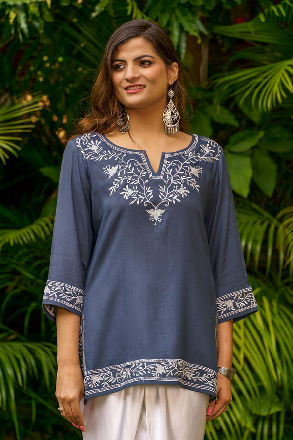 Rayon Grey Chiken Embroidery Kurta - White