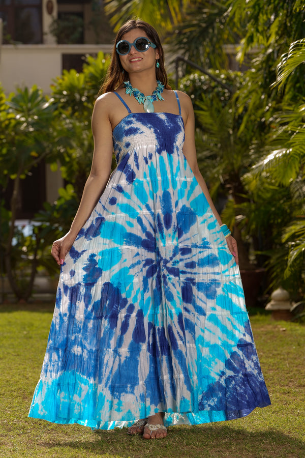 Long Multi Colour Tie & Dye Tiered Dress - Shades Of Blue