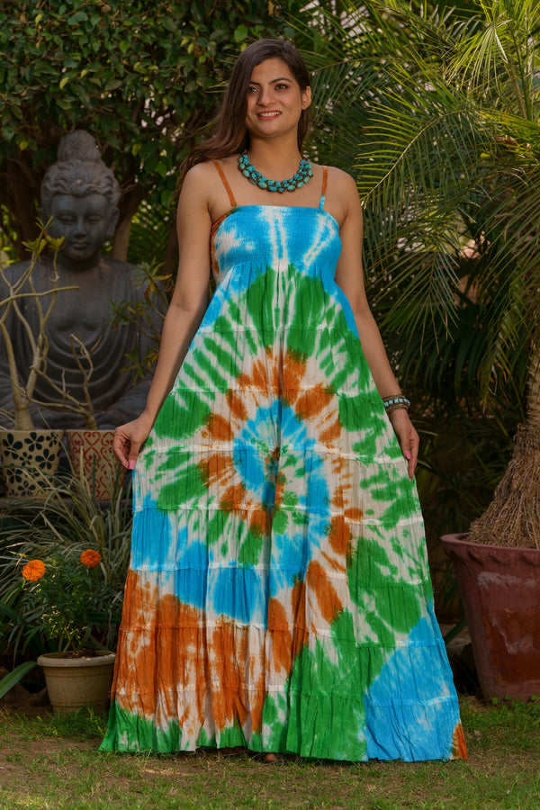 Long Multi Colour Tie & Dye Tiered Dress - Multicolor Green